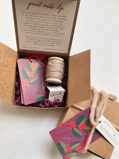 Gift Tag and Naturally Dyed Wool Yarn Box Set | Winter Berries and Rosemary Dyed Yarn Ribbon | Trademark Inspired Collaboration