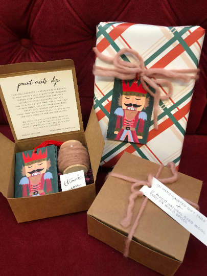 Gift Tag and Naturally Dyed Wool Yarn Box Set | Nutcracker and Avocado Dyed Yarn Ribbon | Trademark Inspired Collaboration