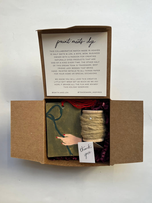 Gift Tag and Naturally Dyed Wool Yarn Box Set | Hand Tied and Eucalyptus Dyed Yarn Ribbon | Trademark Inspired Collaboration